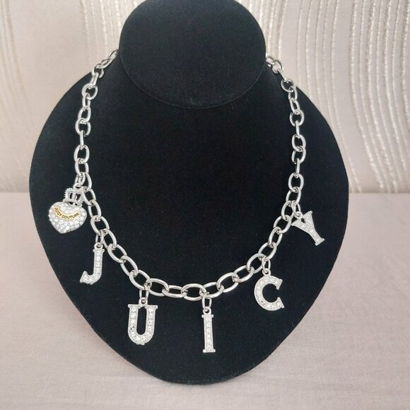 Juicy Couture Jewelry - VTG Juicy Couture Necklace Y2K Pave Crystals Heart Lock Crown Charm Silver Tone